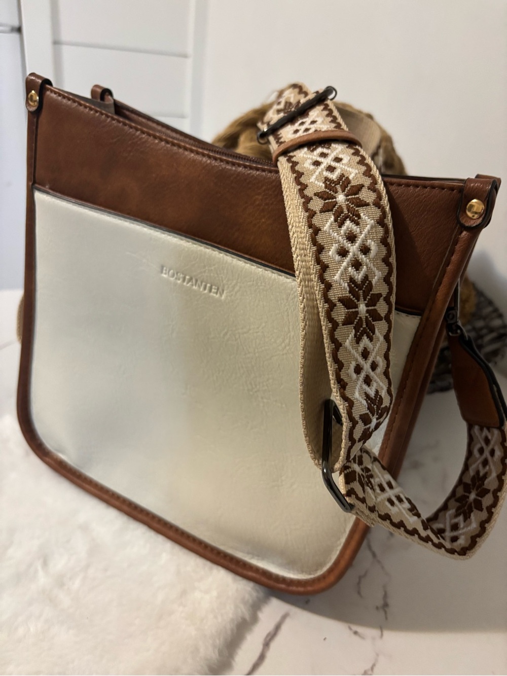 Bostanten Cream and Brown Two-Tone Crossbody with Woven Strap